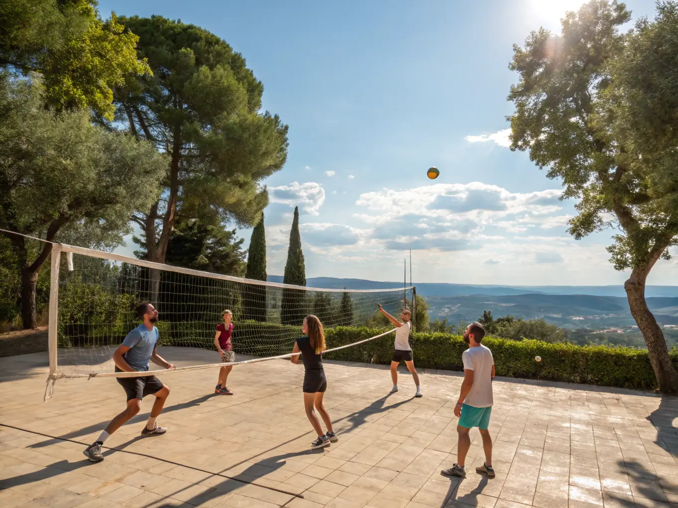 An image of diverse community members participating in a friendly sports game outdoors, smiling and enjoying the activity.