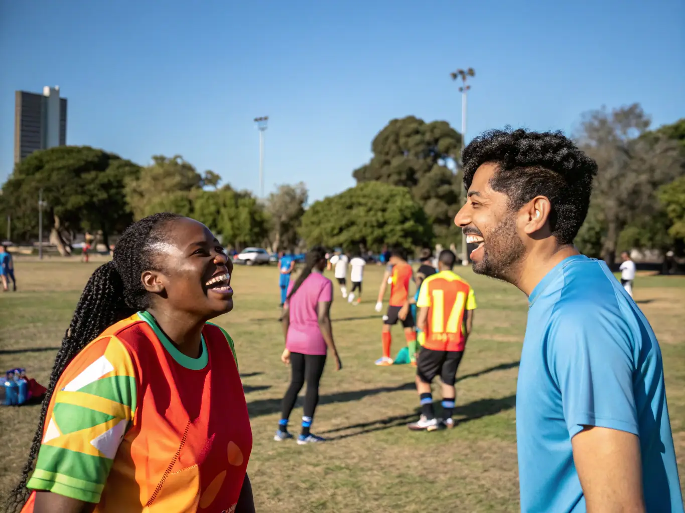 A group of diverse individuals participating in a friendly soccer match in a sunny, green field, showcasing teamwork and camaraderie.