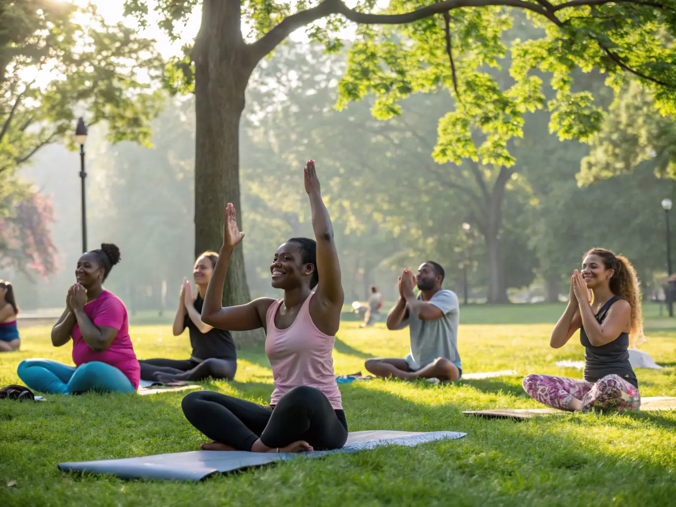 A photograph of a group of people participating in a yoga session in a park, emphasizing relaxation and community.