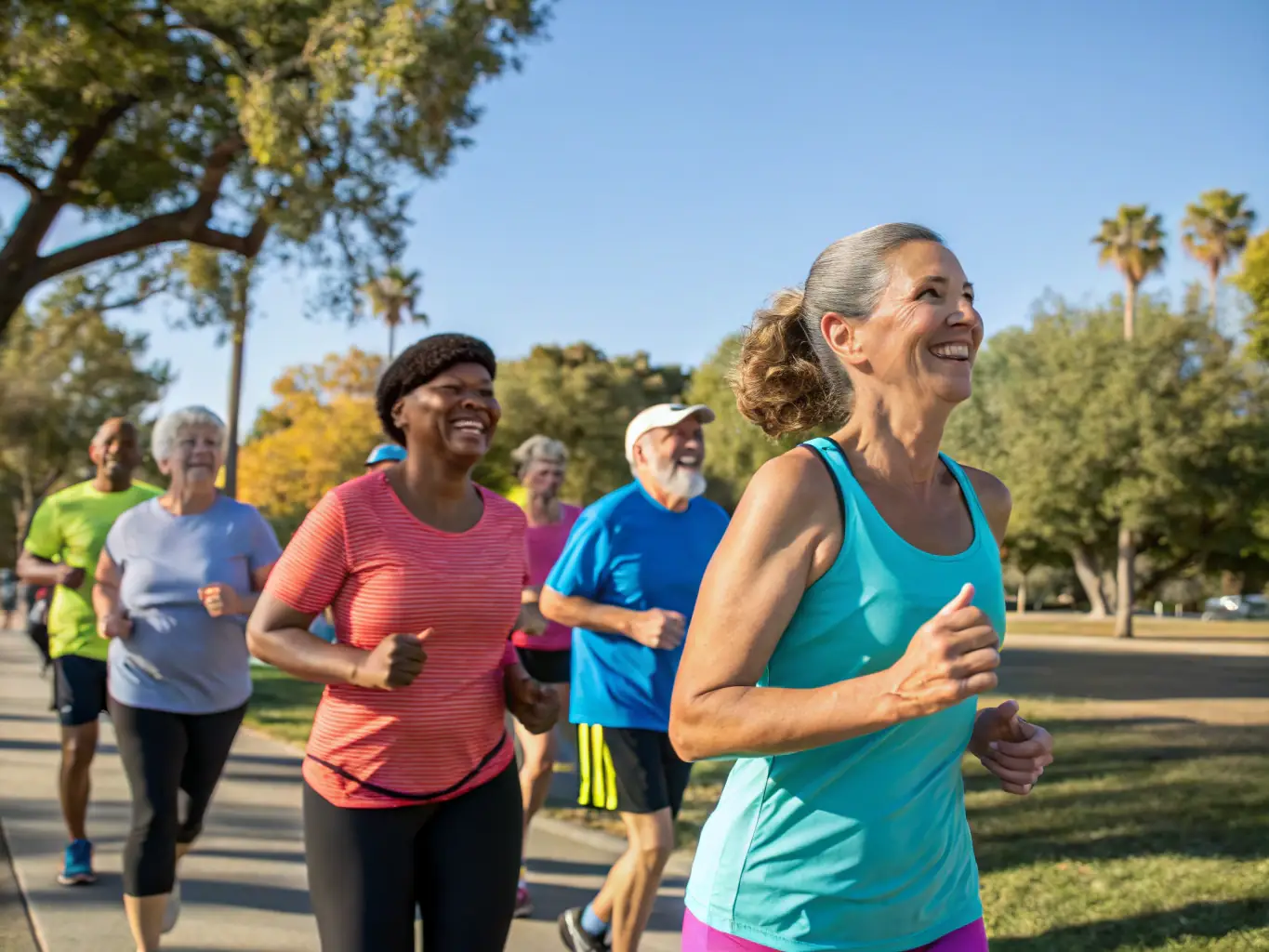 A group of people of varying ages and abilities participating in a fun run, with smiles and expressions of joy, highlighting inclusivity and community spirit.