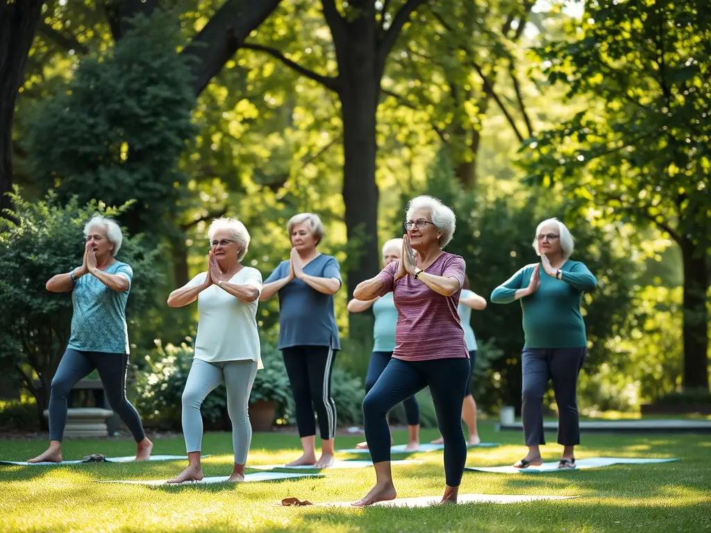 A diverse group of people participating in a yoga session outdoors, with a serene backdrop of trees and natural light, emphasizing relaxation and mindfulness.