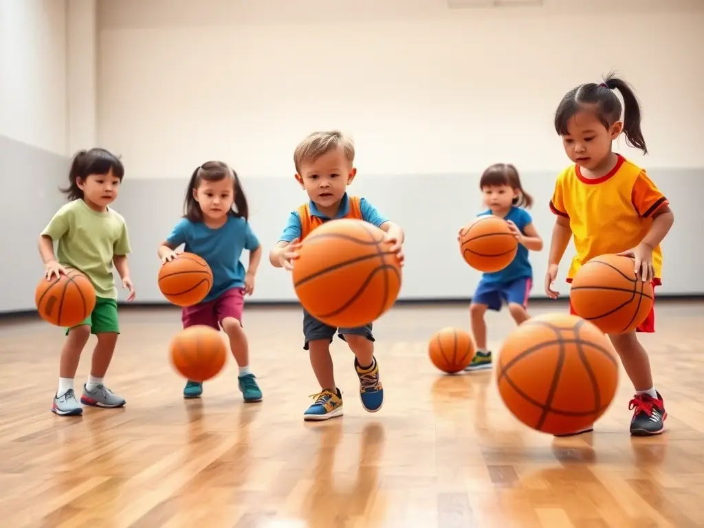A vibrant image showing young children participating in a beginner's basketball clinic, focusing on dribbling and basic ball handling skills, set in a well-lit indoor court.