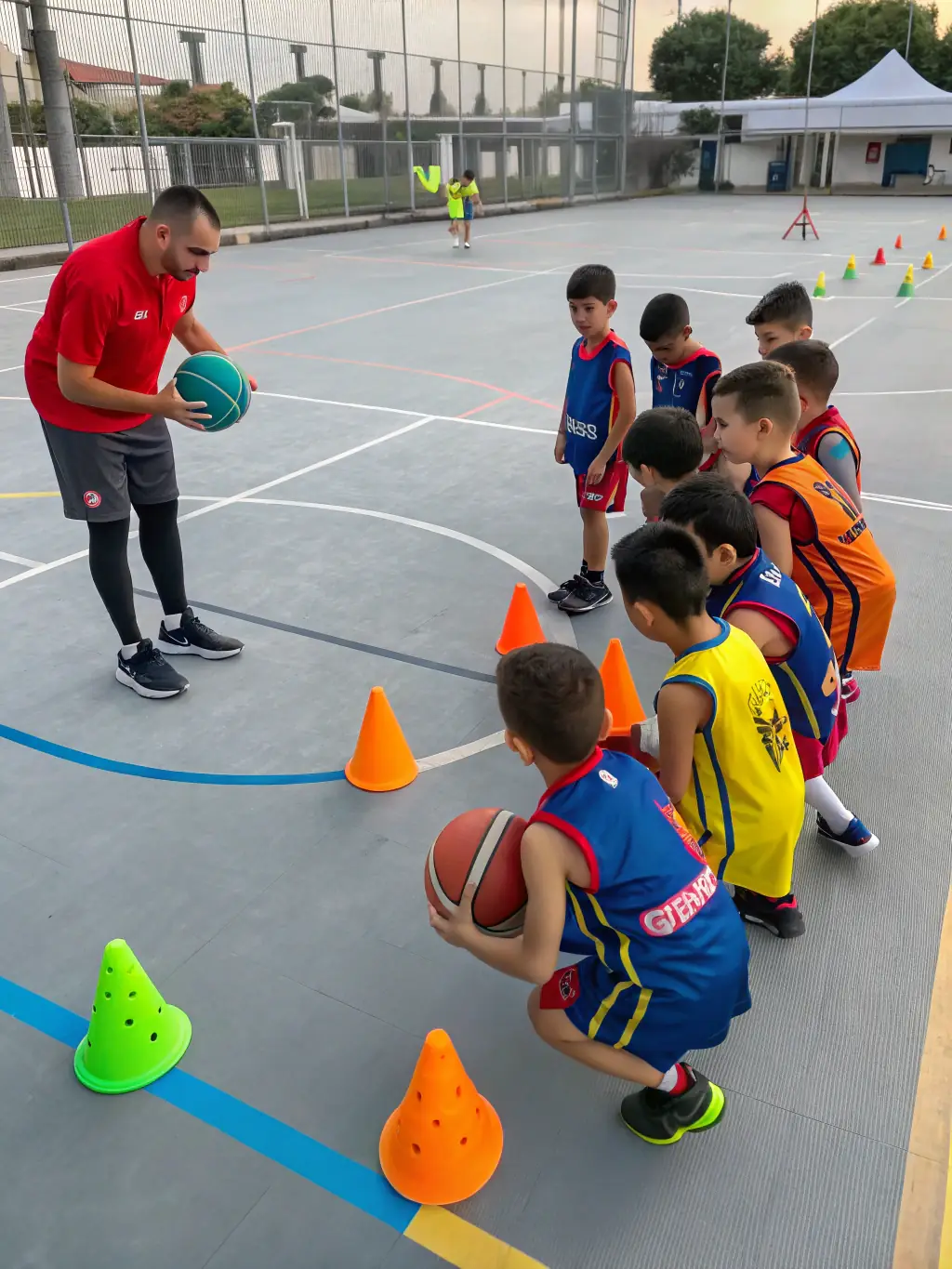 A group of young children, aged 6-8, participating in a beginner's basketball training session, focusing on dribbling skills with colorful cones.