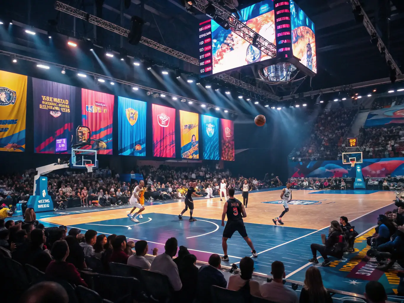 A dynamic image of adult players participating in a basketball tournament, highlighting the intensity and excitement of the game, with spectators cheering from the stands.
