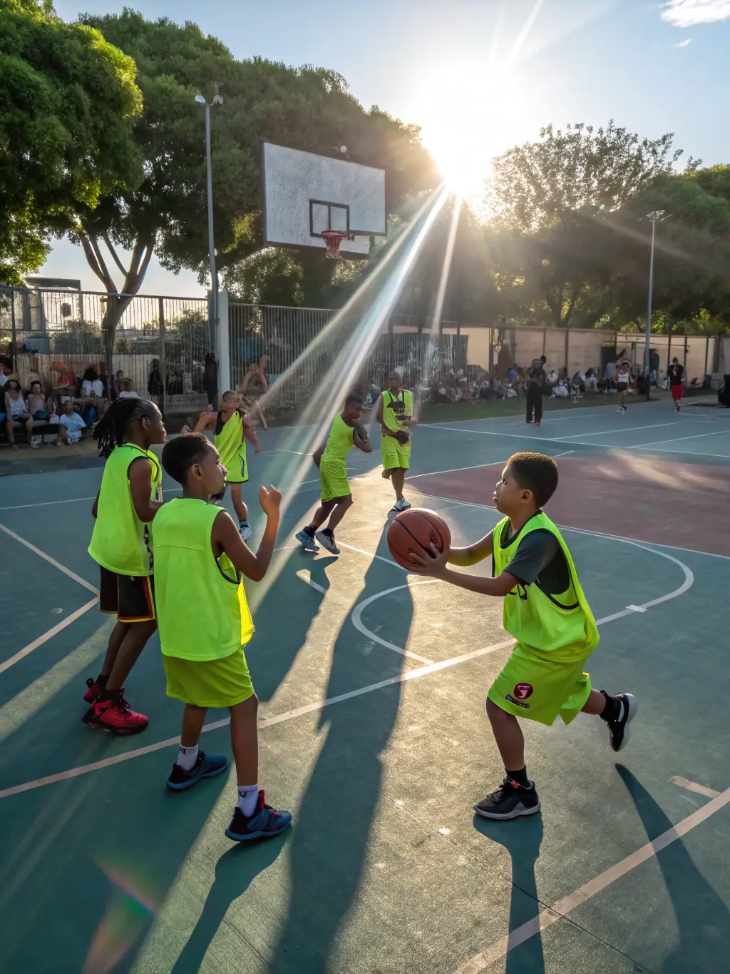 Teenagers, aged 14-16, engaged in a competitive basketball scrimmage, demonstrating teamwork and strategic play on the court.