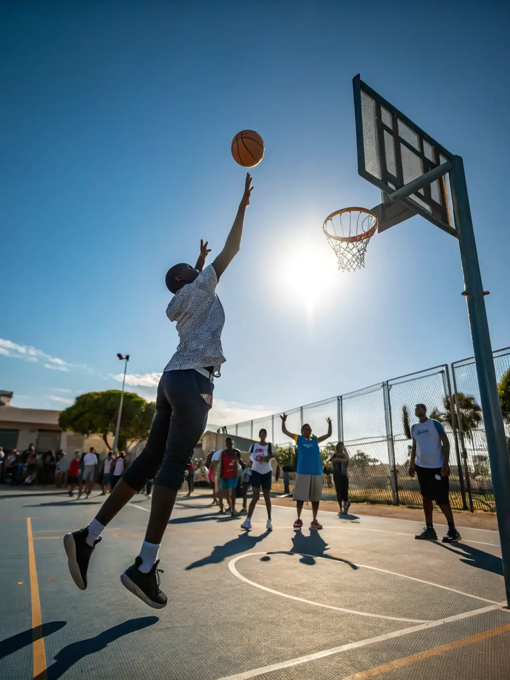 Adults, aged 25-35, participating in a recreational basketball game, showcasing fitness and camaraderie in a friendly setting.