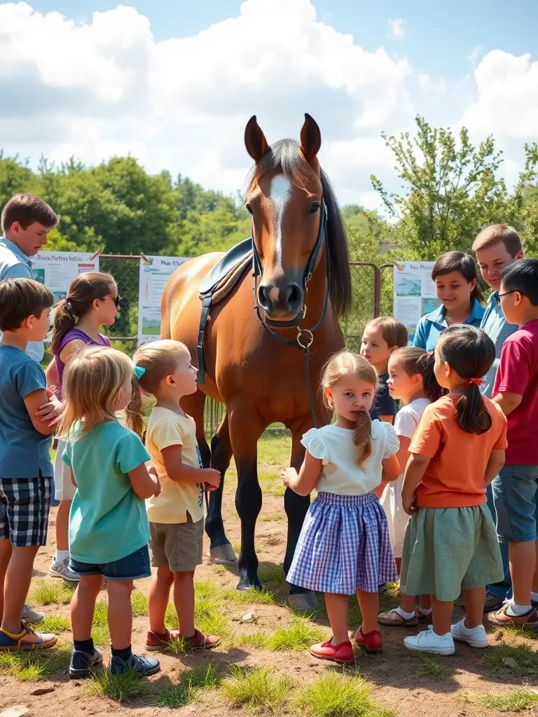 A group of children and adults participating in a workshop about horse care, with educational posters and a horse nearby, illustrating educational programs at SELLE & CIEL.