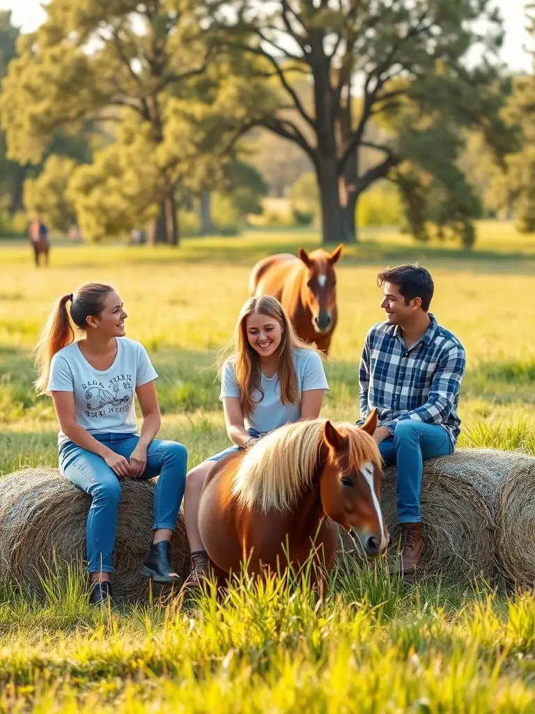 A diverse group of people interacting with horses in a therapeutic setting, emphasizing the inclusive nature of SELLE & CIEL's programs.