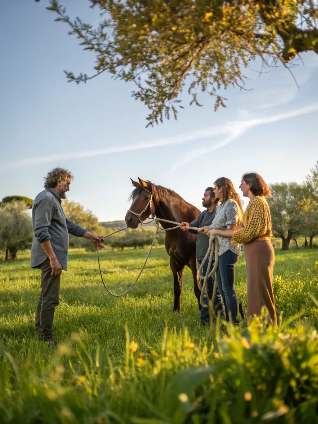 A group of children gathered around a horse, learning about horse care and environmental stewardship from an instructor. The atmosphere is educational and engaging, promoting responsibility and community involvement.