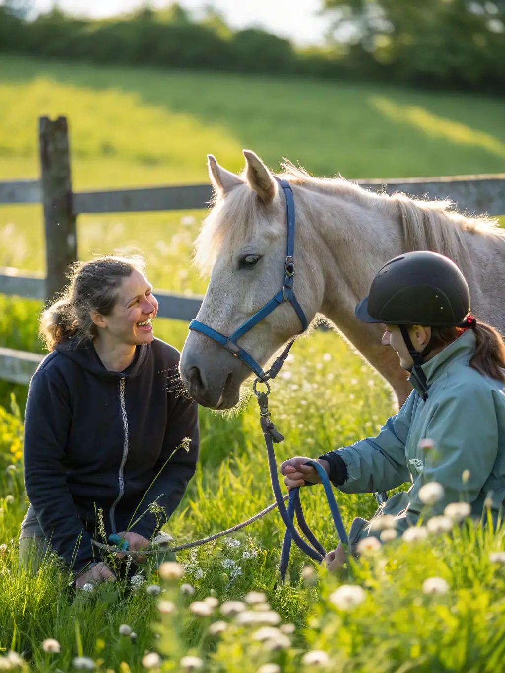 A person with a disability gently stroking a horse's mane, with a therapist present to facilitate the interaction. The setting is calm and serene, highlighting the therapeutic benefits of horses.