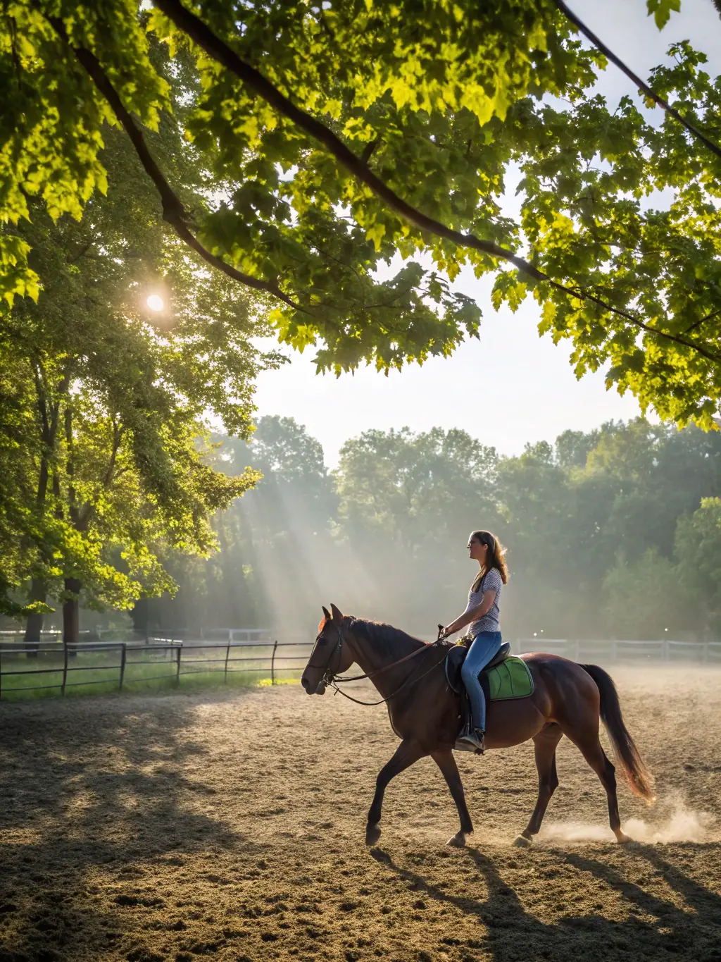 A smiling rider in riding gear mounted on a horse in an outdoor arena, with lush greenery in the background, representing horse riding lessons at SELLE & CIEL.