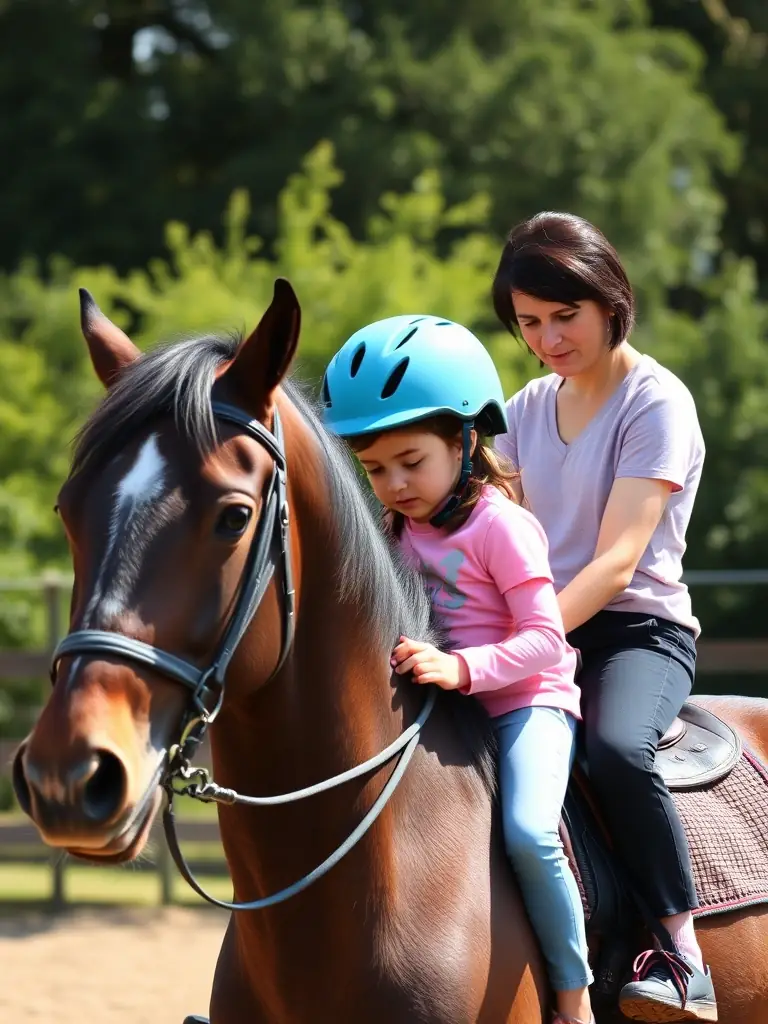 A therapist gently guiding a participant as they interact with a calm horse in a peaceful outdoor setting, showcasing equine-assisted therapy at SELLE & CIEL.