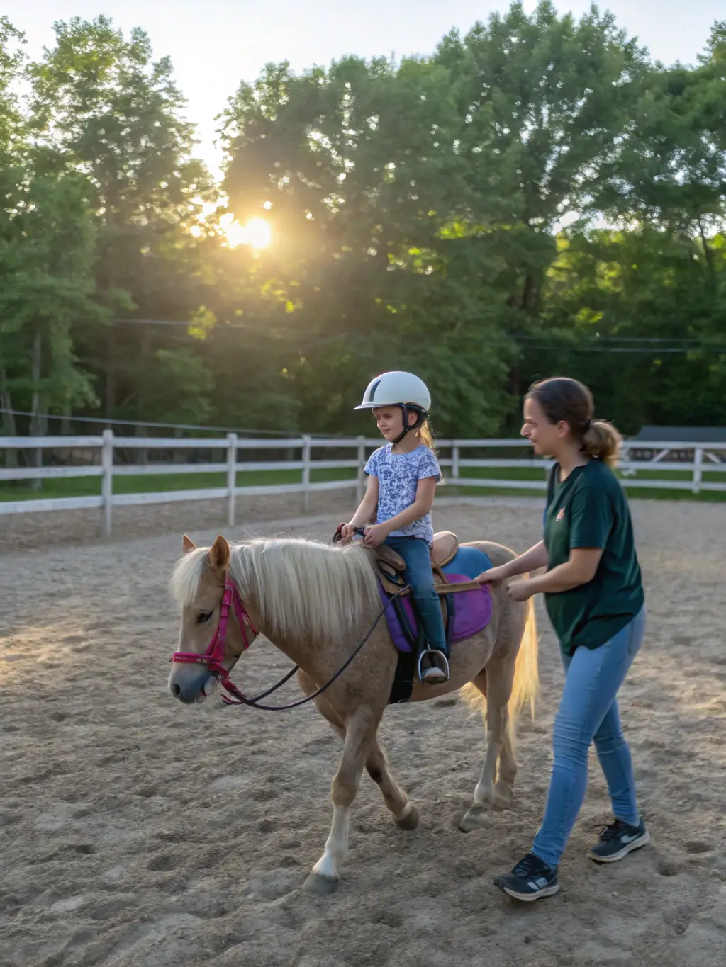 A young girl smiling while confidently riding a horse in an outdoor arena, with an instructor nearby providing guidance. The scene is bright and cheerful, emphasizing the joy of learning to ride.