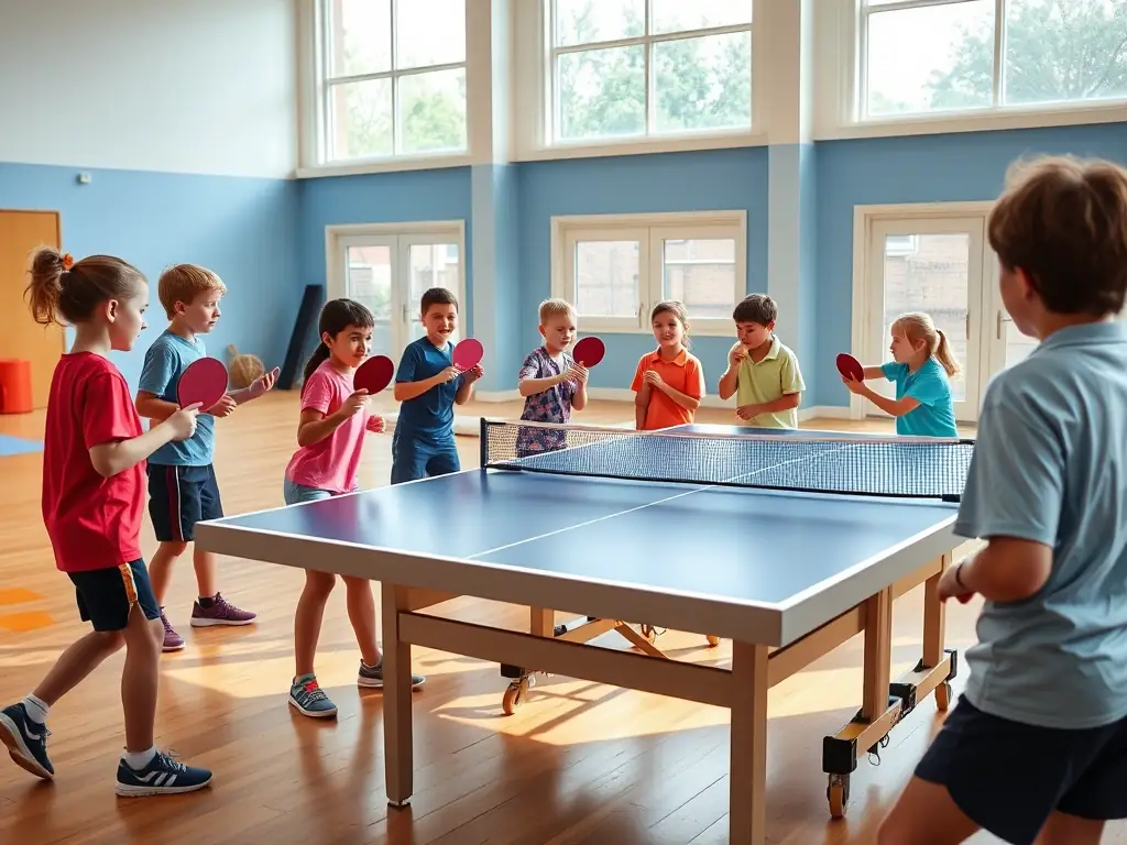 An image of diverse club members laughing and enjoying a friendly table tennis match in a bright, modern facility.