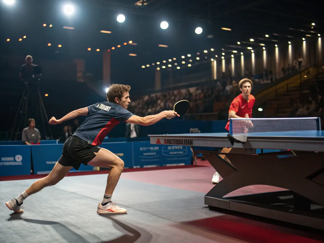An action shot of a competitive table tennis match, highlighting the excitement and challenge of the sport.