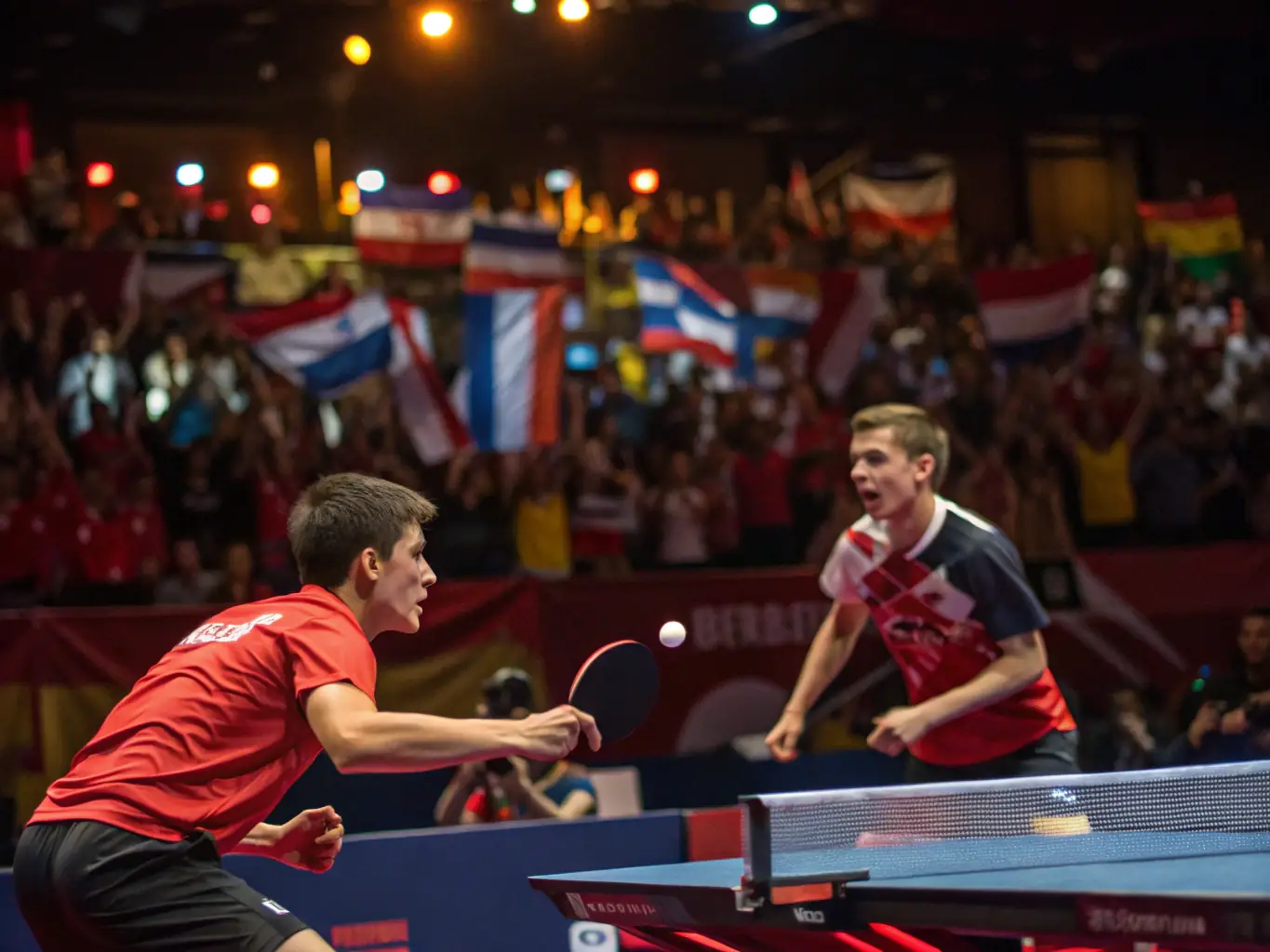 An action shot of players competing in a table tennis tournament, capturing the excitement and competitive spirit of CHARMEIL PING PONG CLUB.